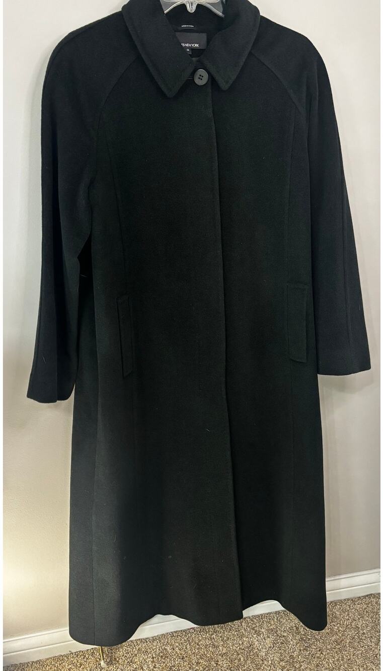 Long black dress coat, wool, acrylic, and angora blend . Jones New York, size 14